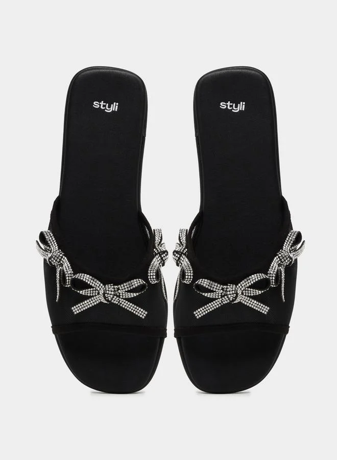 Styli  Black Embellished Bow Trim Mules for Women | Best Price UAE